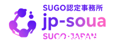 Brand logo with a purple abstract flower shape and the text 'jp-soua' in a purple gradient, plus a Japanese tagline underneath.